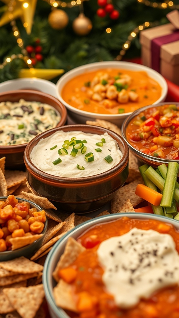 A variety of Christmas party dips including spinach artichoke, buffalo chicken, and salsa with assorted dippers on a festive table.
